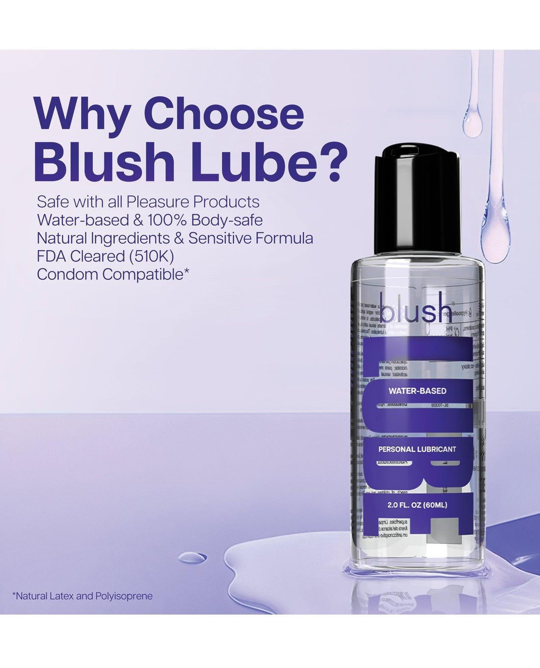 Blush Water-Based Personal Lubricant bottle next to water droplets, highlighting body-safe, FDA-cleared, and condom-compatible benefits