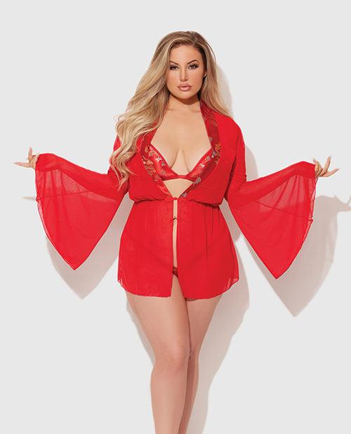 Dragon Sheer Mesh Robe w/Satin Triangle Top & G-String 3 pc Set - Red 1X/2X