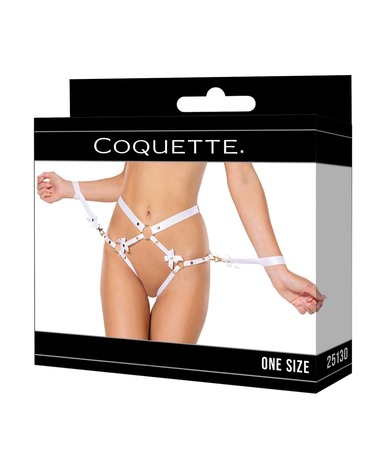image of product,Satin Ribbon w/Elastic Harness & Cuffs Set - White/Gold O/S