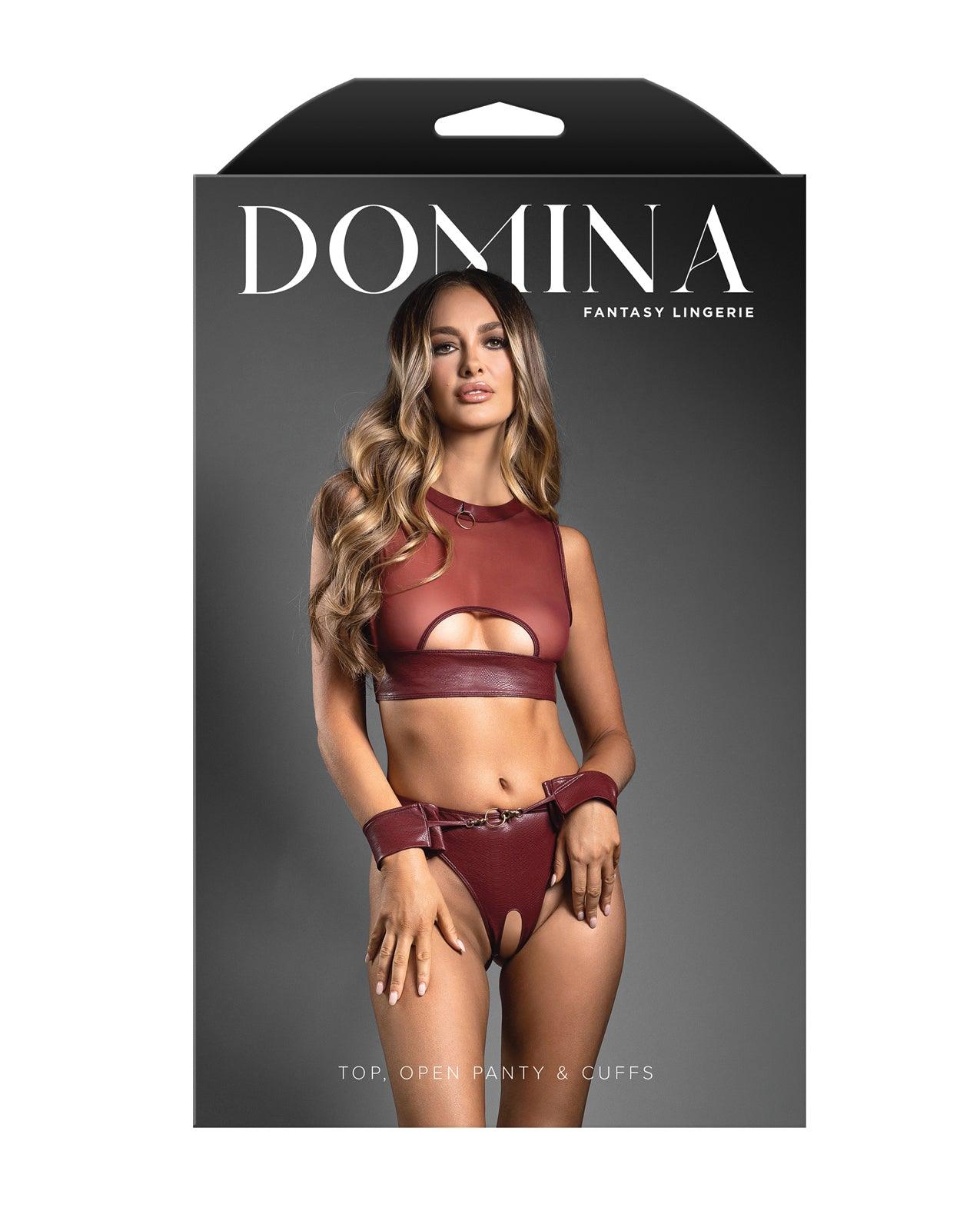 image of product,Domina Sheer Mesh & Vegan Leather 3 pc Set w/Crotchless Panty & Handcuffs - Burgundy