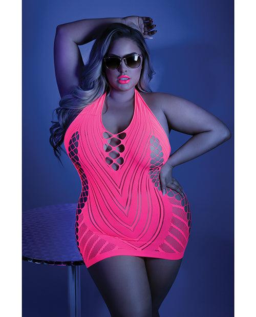product image, Glow Black Light Net Halter Dress Neon Pink QN