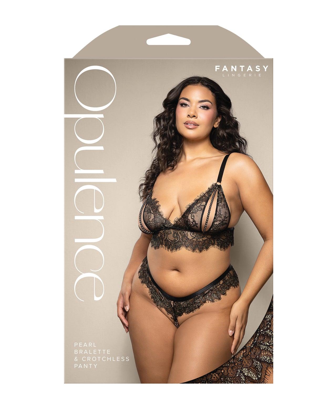 image of product,Opulence Metallic Eyelash Lace Bralette w/Pearl String Crotch Panty - Black QN