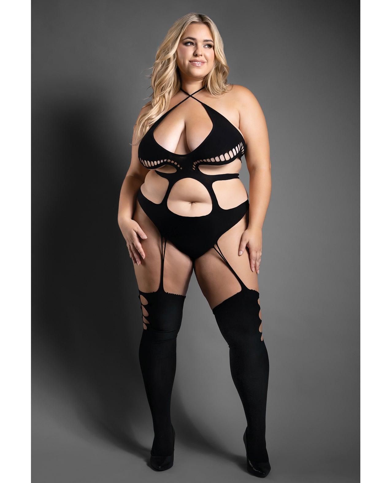 product image, Sheer Mind Games Opaque Crotchless Teddy Bodystocking - Black QN