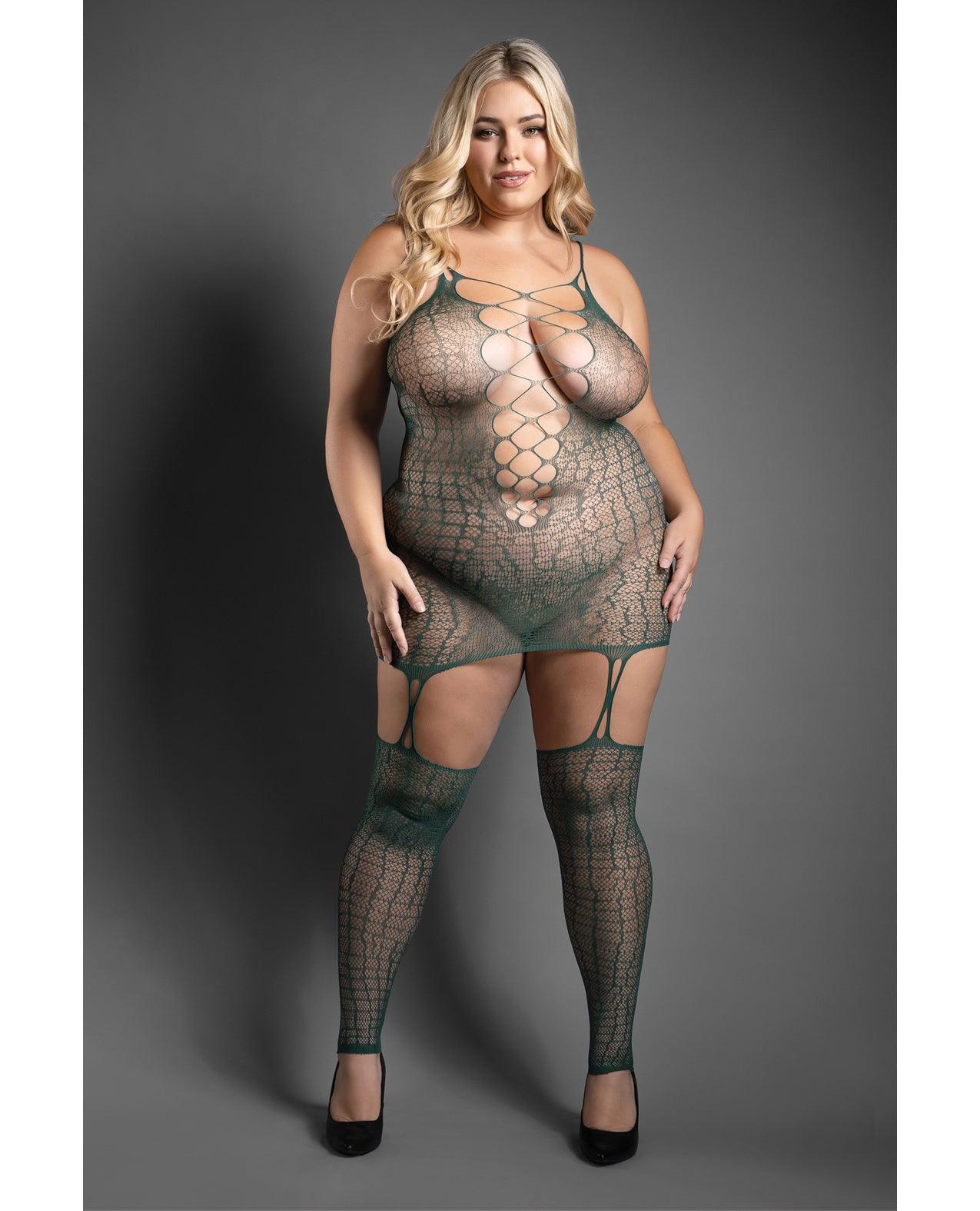 product image, Sheer Wild Heart Reptile Print Bodystocking Dress w/Attached Stockings - Green QN