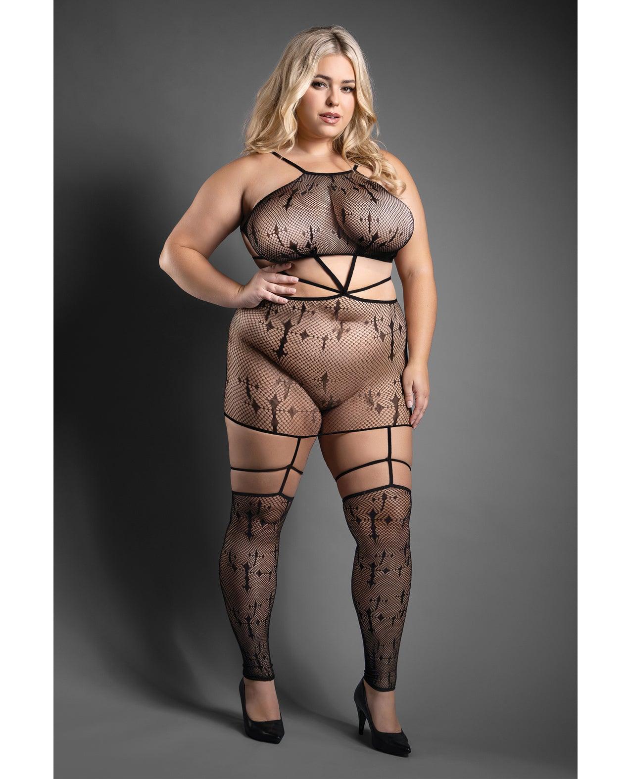 product image, Sheer Unholy Gartered Bodystocking Dress w/Attached Stockings - Black QN