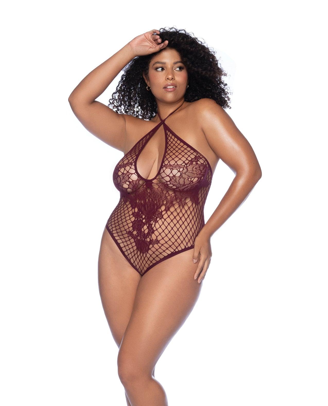 product image, Floral Convertible Top Fishnet Bodysuit - Burgundy QN