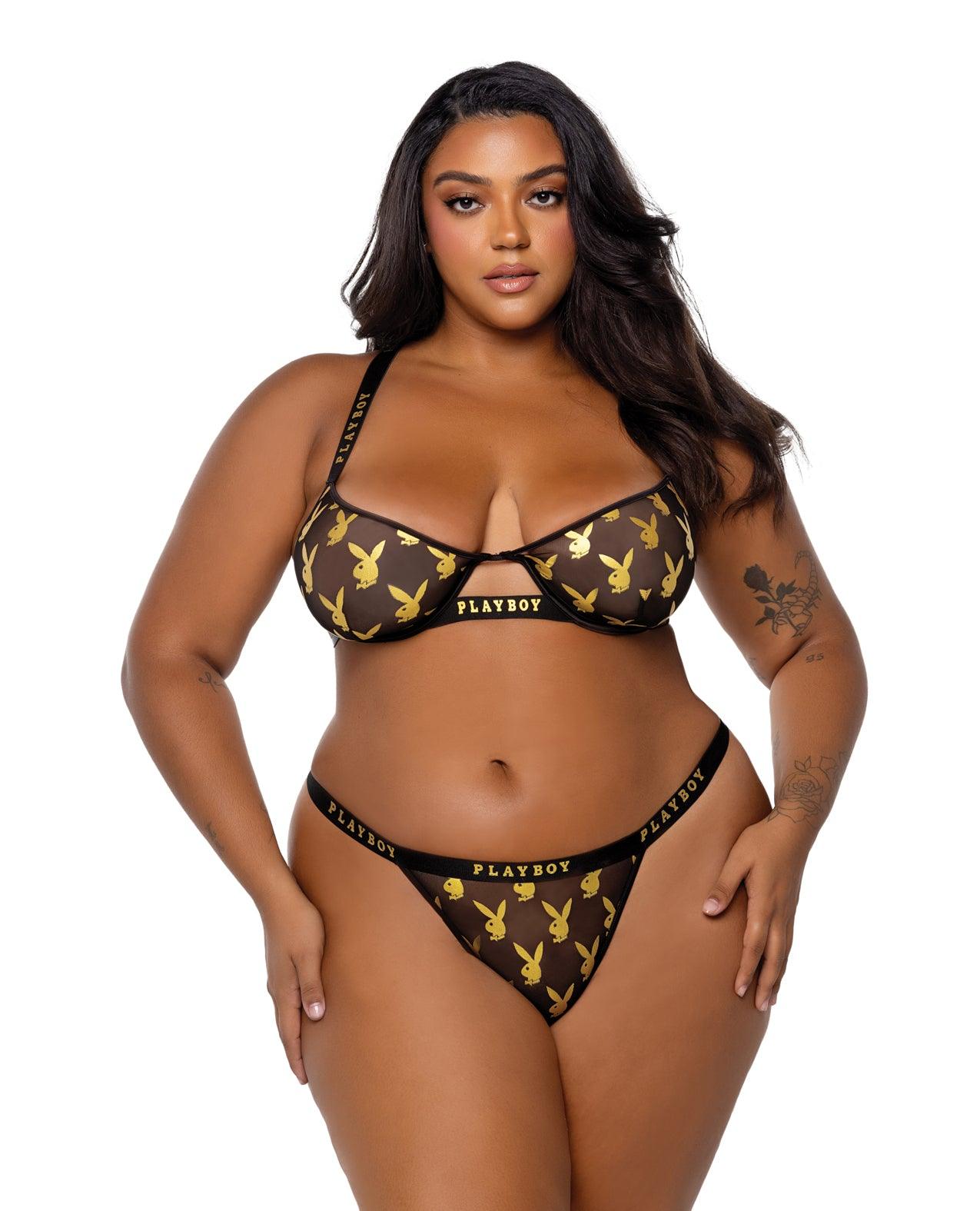 product image, Playboy Gold Foil Mesh & Satin Bralette w/Thong 2 pc Set - Black/Gold