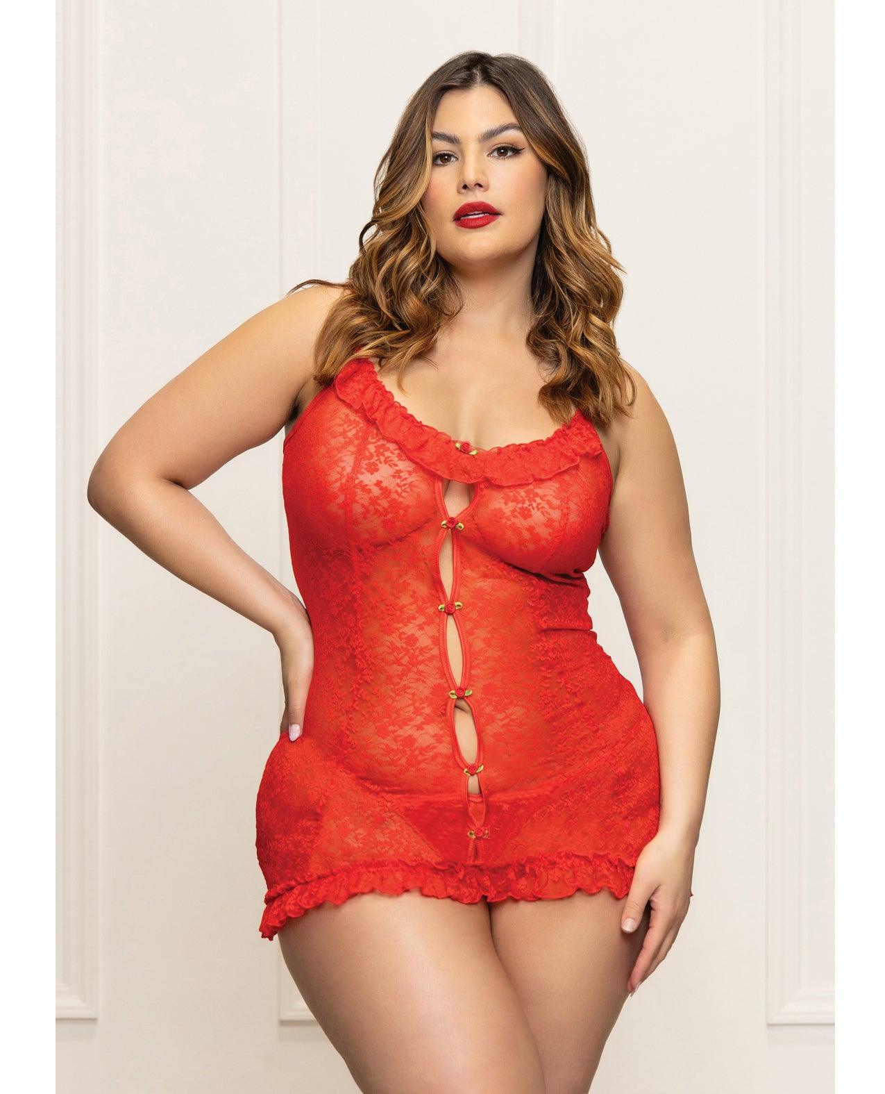 product image, Lace Chemise w/Ruffle Trim & G-String - Red QN