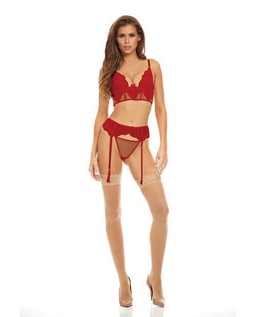 image of product,Bombshell Boudoir Lace & Mesh Peek A Boo Wire Bra, Garter Belt & G-string - SEXYEONE