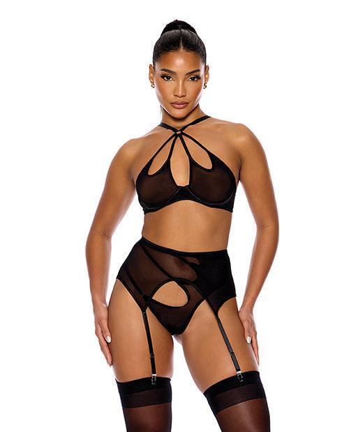 product image, Feeling Butterflies Mesh Halterneck Bra w/Garter & Panty - Black - SEXYEONE