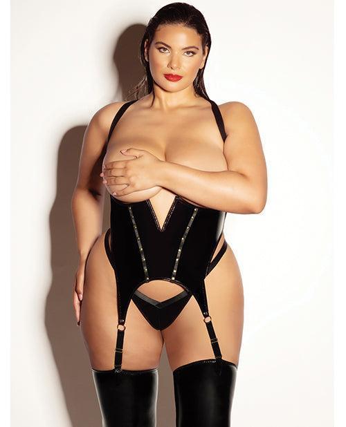 product image, FETISH Open Cup Vinyl V-Wire Merrywidow w/G-String - Black 1X/2X - SEXYEONE