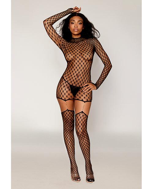 product image,Geometric Fence Net Turtleneck Garter Dress w/Stockings - Black O/S - SEXYEONE