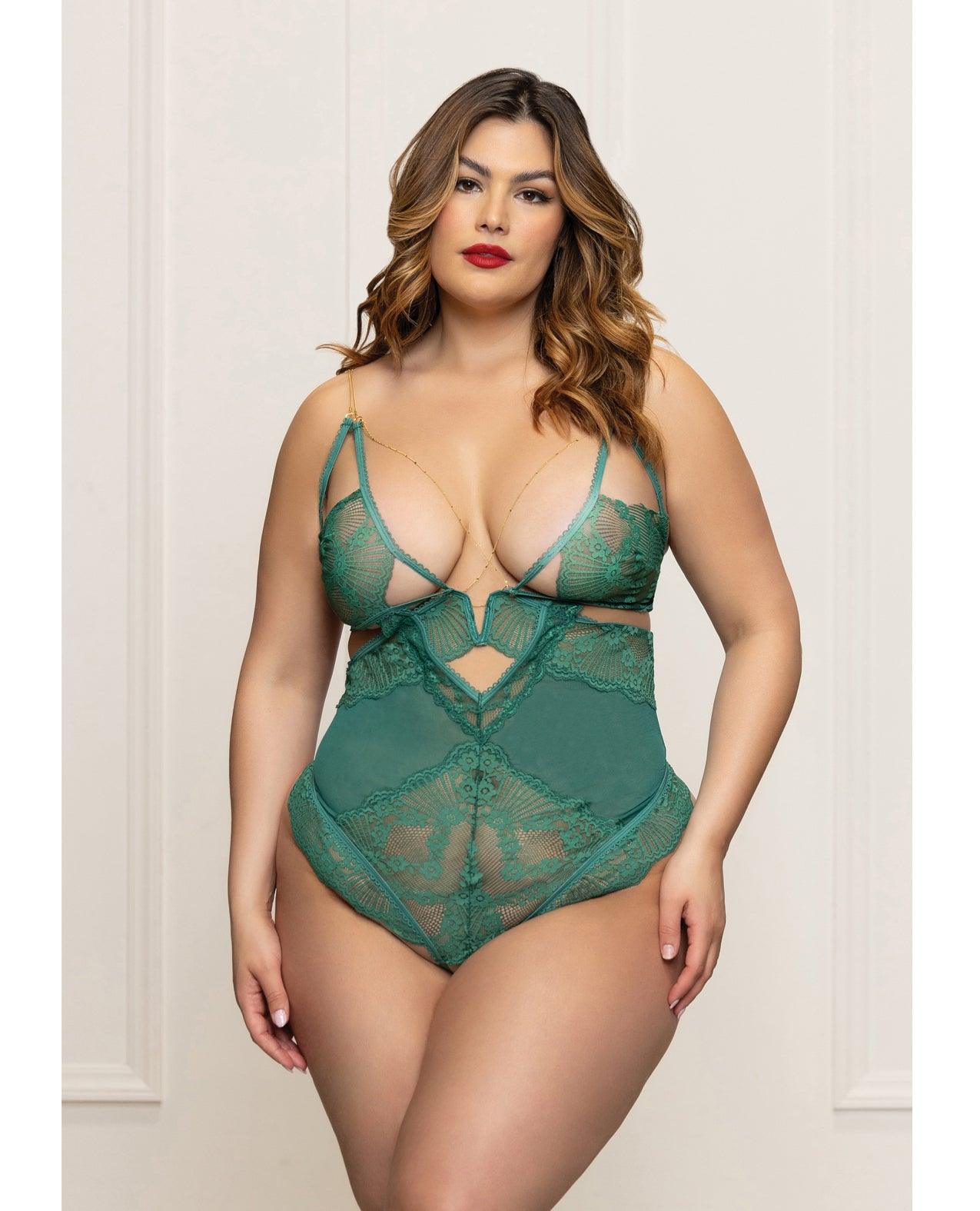 product image, Lace and Mesh Open Crotch Teddy w/Gold Straps - Green 1X/2X - SEXYEONE