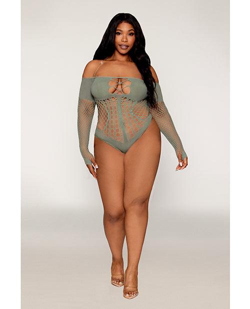product image,Long Sleeve Opaque and Fishnet Seamless Teddy w/Removable Halter Chain - Sage Green QN - SEXYEONE