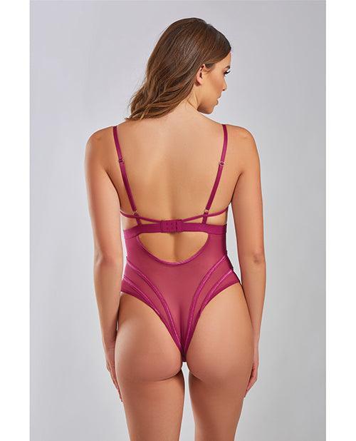 image of product,Quinn Cross Dyed Galloon Lace & Mesh Teddy Wine - SEXYEONE