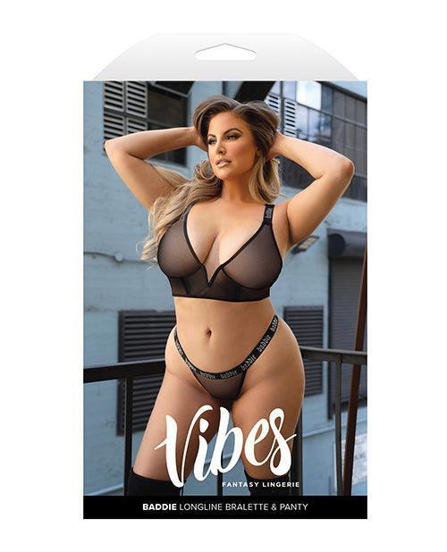 image of product,Vibes Baddie Glitter Mesh Long Line Bralette & Thong Black QN - SEXYEONE