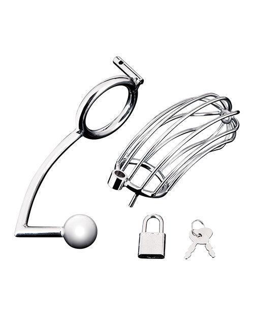 image of product,Blue Line Cock Cage W-anal Stimulator - Silver - SEXYEONE