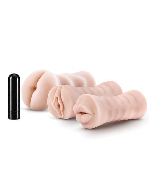 image of product,Blush M For Men Self Lubricating Vibrating Stroker Sleeve Kit - Vanilla Pack Of 3 - SEXYEONE
