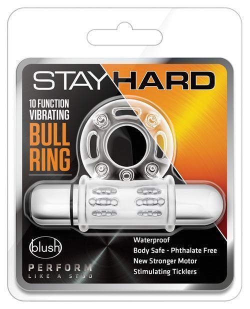 product image, Blush Stay Hard 10 Function Vibrating Bull Ring Cock Ring - Clear - SEXYEONE