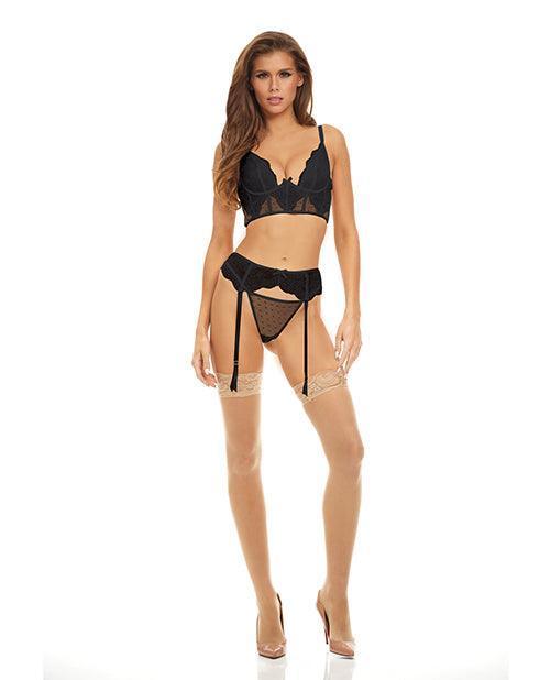 product image, Bombshell Boudoir Lace & Mesh Peek A Boo Wire Bra, Garter Belt & G-string - SEXYEONE