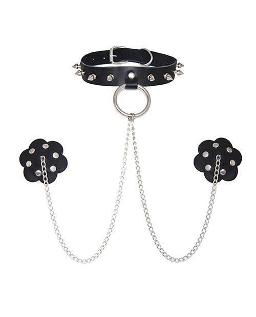 product image, Burlesque Slave 4 U Chain Neck Choker Leather Reusable Silicone Nipztix - Black O-s - SEXYEONE