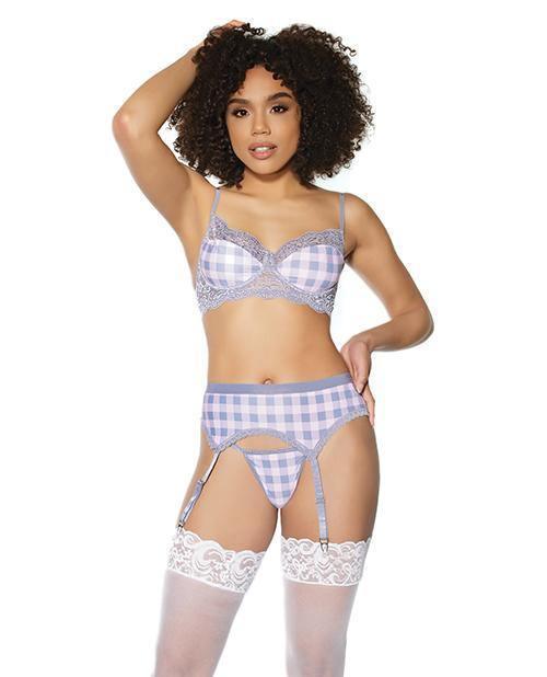 product image, Crystal Pink Buffalo Check Print, Bra, Garter Belt & String Grey/pink - SEXYEONE