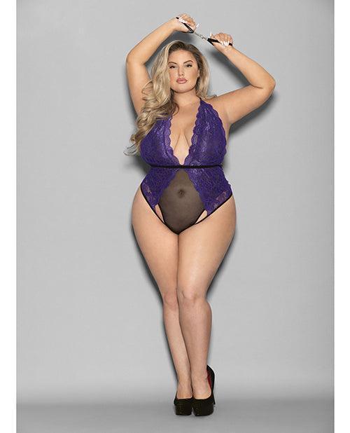 product image, Euphoria Halter Lace & Mesh Teddy W/wrist Restraints Purple/black Qn - SEXYEONE