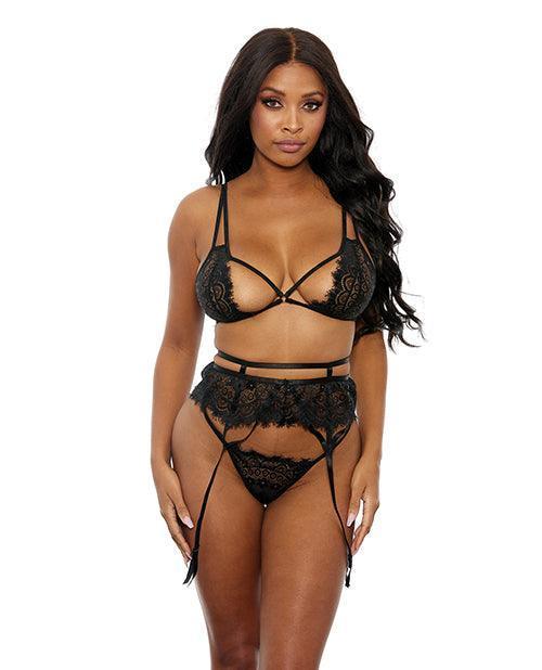 product image, Eyelash Lace Bra, High Waist Garter Belt & G-string Black - SEXYEONE