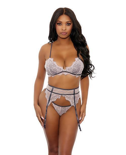 product image, Floral Lace Bra, Cage Garter Belt & G-string Dusty Pink - SEXYEONE