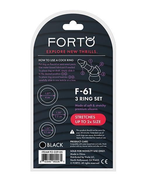 image of product,Forto F-61 Liquid 3 Piece Cock Ring Set - Black - SEXYEONE
