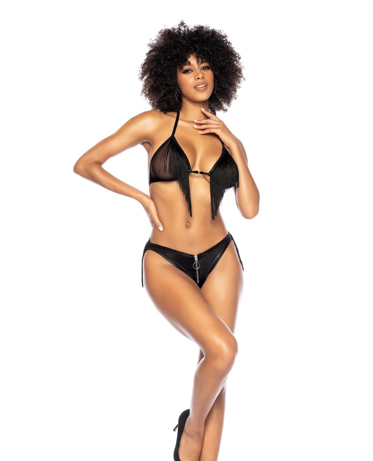 product image, Fringe Halter Top & Open Back Bottom W/front Zipper Black - SEXYEONE