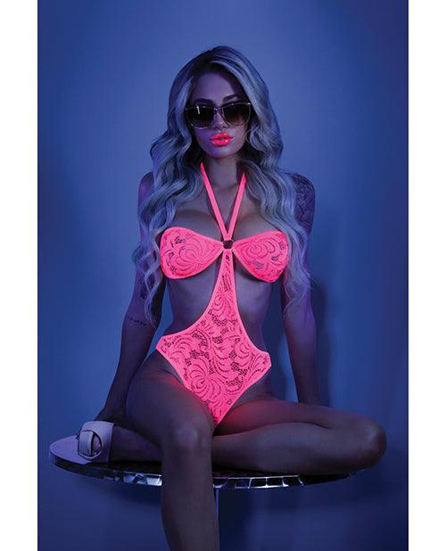 product image, Glow Black Light Halter Bodysuit W/open Sides Neon Pink - SEXYEONE