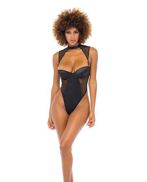 product image, Josephine High Leg Teddy W/removable Fishnet Collared Harness Black - SEXYEONE