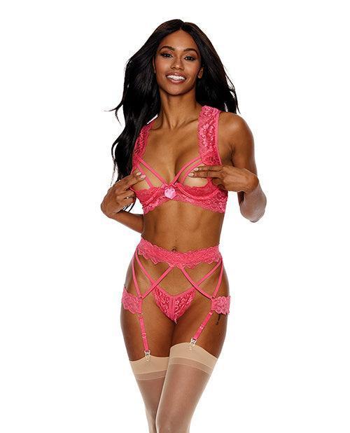 product image, Lace Underwire Peek A Boo Bra, Garterbelt & G-string Coral - SEXYEONE