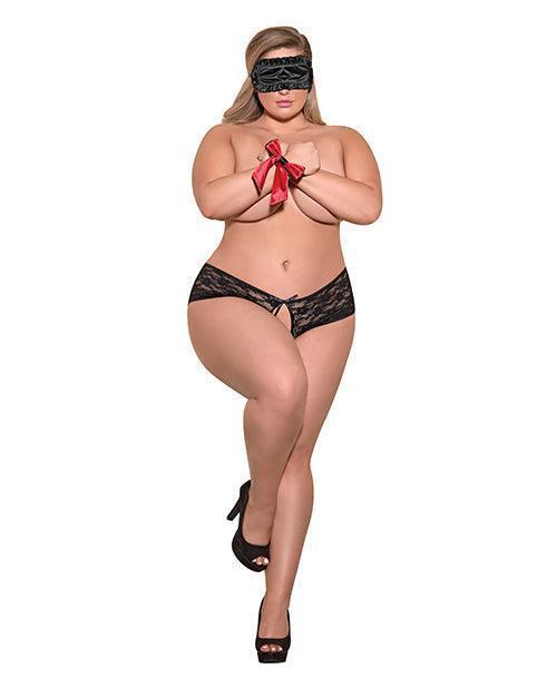 product image, Love & Bondage Split Back Lace Booty Short, Blindfold & Wrist Ties Black Qn - SEXYEONE