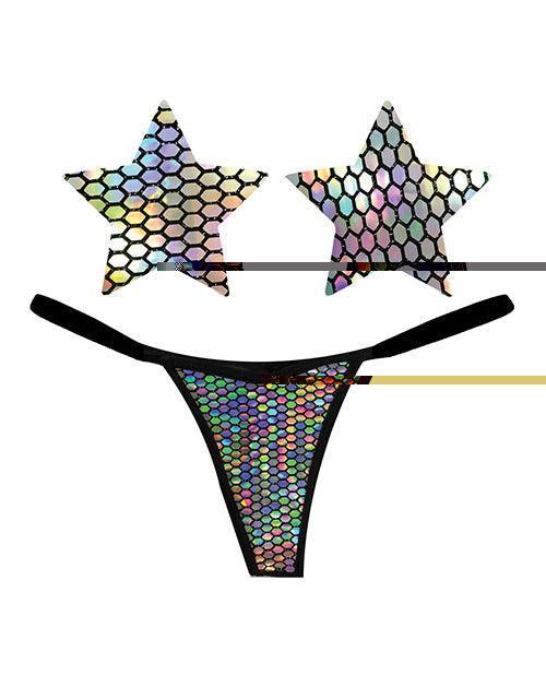 product image, 'neva Nude Naughty Knix Mirrored Mayhem Holographic G-string & Pasties - Black O/s - SEXYEONE