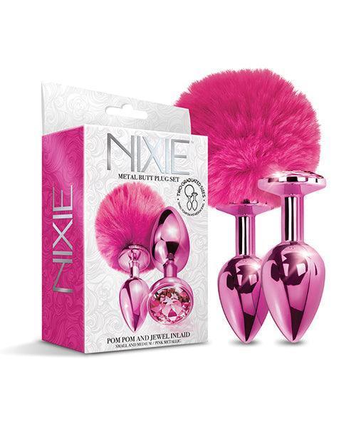 image of product,Nixie Metal Butt Plug Set W/jewel Inlaid & Pom Pom - SEXYEONE