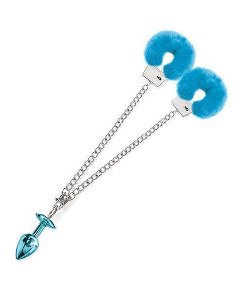 image of product,Nixie Metal Butt Plug W/inlaid Jewel & Fur Cuff Set - SEXYEONE