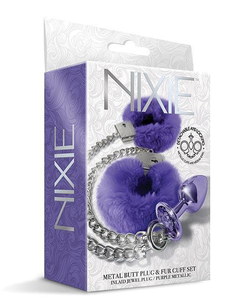 image of product,Nixie Metal Butt Plug W/inlaid Jewel & Fur Cuff Set - SEXYEONE