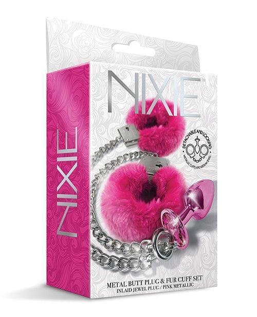 image of product,Nixie Metal Butt Plug W/inlaid Jewel & Fur Cuff Set - SEXYEONE