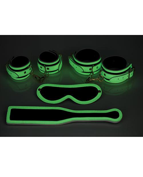 product image,No Eta Master Series Kink In The Dark Glowing Cuffs & Blindfold & Paddle Set - {{ SEXYEONE }}