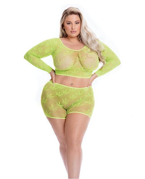 image of product,Pink Lipstick Leaf It To Me Long Sleeve Crop Top & Short Qn - SEXYEONE