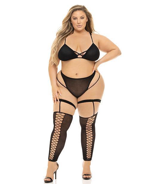 product image, Pink Lipstick Want You Now Bra, Panty & Stockings Black - SEXYEONE