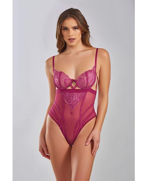 product image, Quinn Cross Dyed Galloon Lace & Mesh Teddy Wine - SEXYEONE