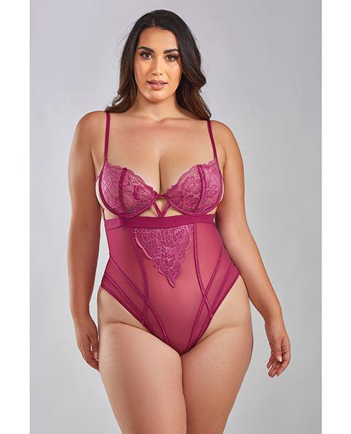 product image, Quinn Cross Dyed Galloon Lace & Mesh Teddy Wine - SEXYEONE