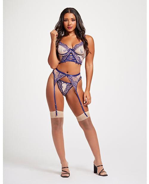 product image, Sheer Stretch Mesh W/floral Contrast Embroidery Bustier, Garter Belt & Thong Blue/nude - SEXYEONE