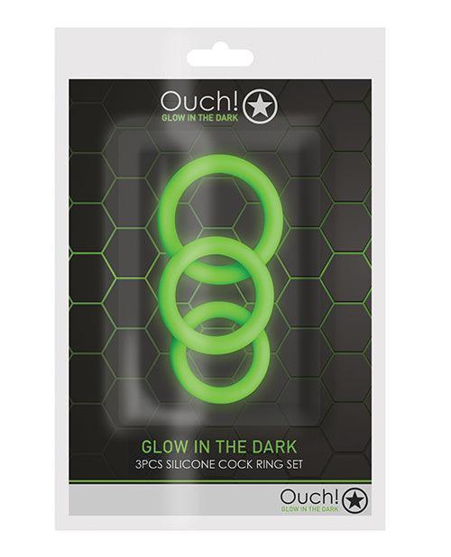 image of product,Shots Ouch 3 Pc Cock Ring Set - Glow In The Dark - SEXYEONE