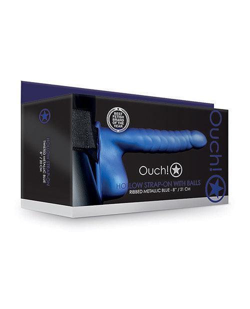 product image, Shots Ouch 8" Ribbed Hollow Strap On W-balls - Metallic Blue - SEXYEONE