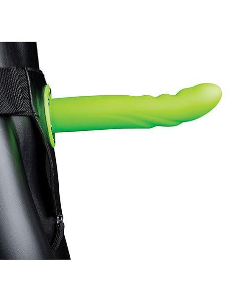 Shots Ouch 8" Textured Curved Hollow Strap On - Glow In The Dark - SEXYEONE