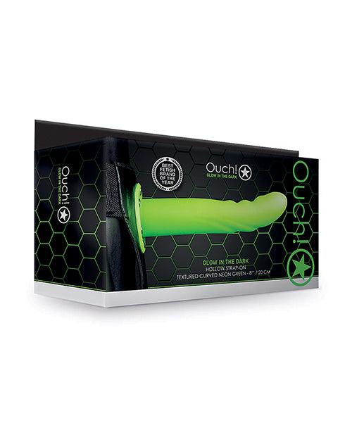 product image, Shots Ouch 8" Textured Curved Hollow Strap On - Glow In The Dark - SEXYEONE